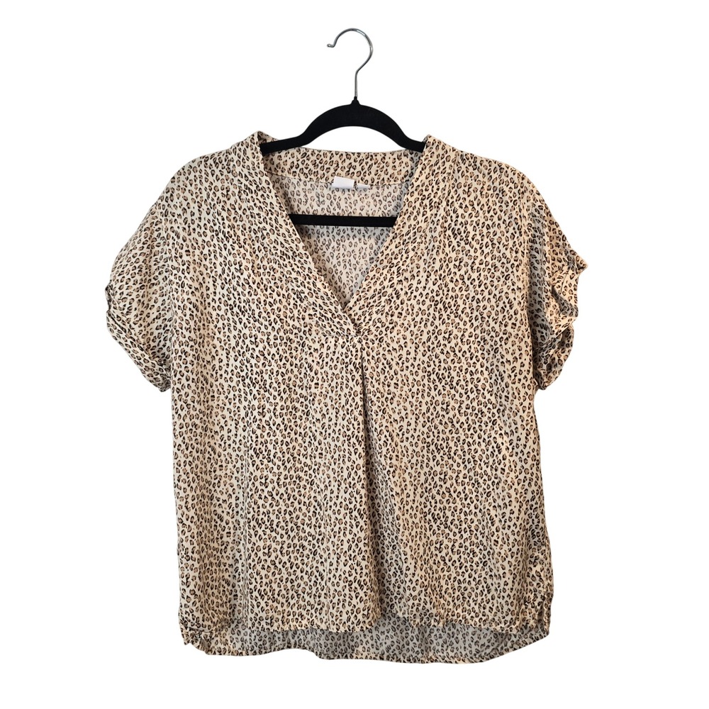 GAP Blouse Women Medium Tan Leopard Print V-Neck Short Sleeve Rayon Top